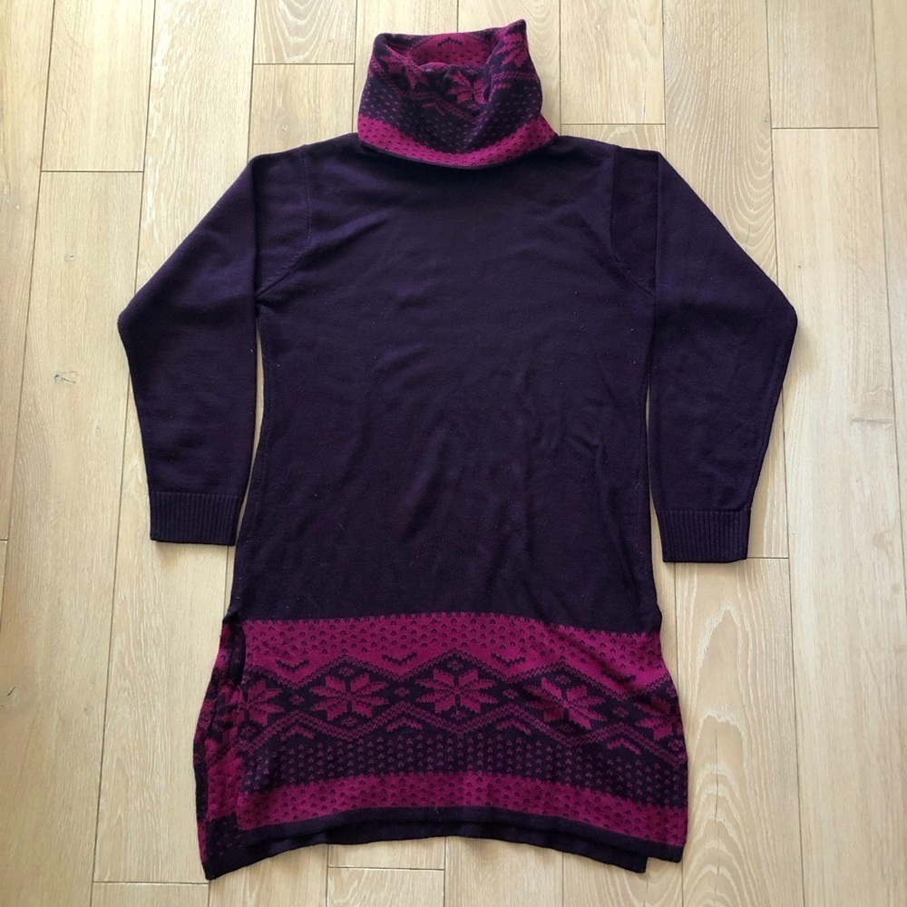 Max Fair Isle Jacquard Knit Side Slit Turtleneck Dress in Dark Purple Size L